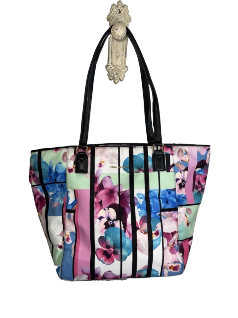 Vera Bradley Exotic Floral Ella Tote Pastel Floral Grid Black Handles New large